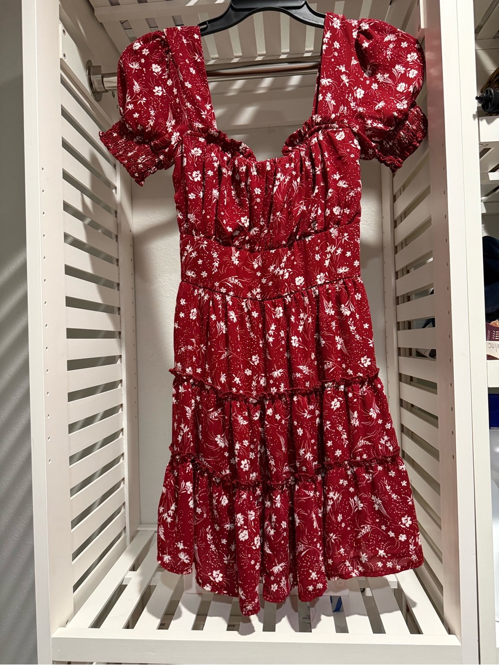 Roxy Red Floral Tiered Puff Sleeve Dress